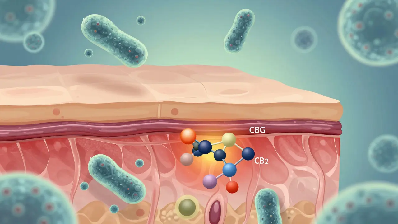 Schnitt durch die Haut mit CBG-Molekülen, die CB2-Rezeptoren aktivieren und Entzündungen reduzieren.