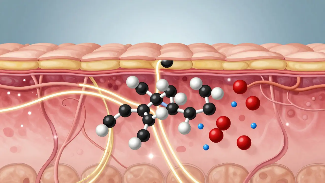 Schnitt durch Haut mit CBD-Molekülen, die Kollagenproduktion anregen und freie Radikale neutralisieren.