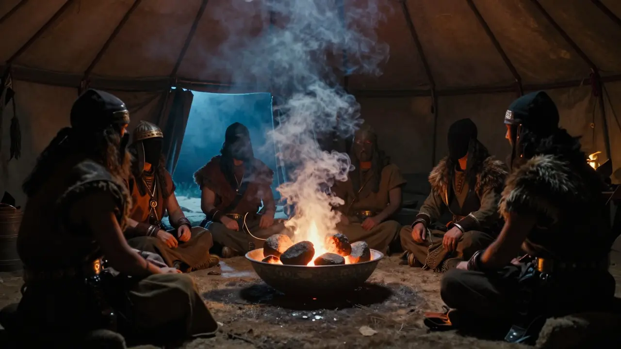 Skythisches Ritual mit glühenden Steinen und Rauch im Zelt.