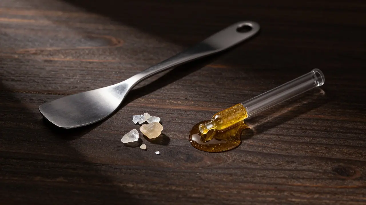 Stillleben mit Werkzeugen zur Handhabung von Cannabis-Extraktvarianten