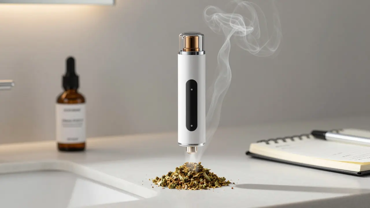 Vaporizer mit feinem Dampf über CBD-Blüten, daneben CBD-Öl und Dosiernotizen.