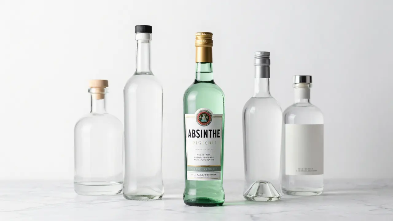 Vergleich verschiedener Spirituosenflaschen auf Marmoroberfläche.