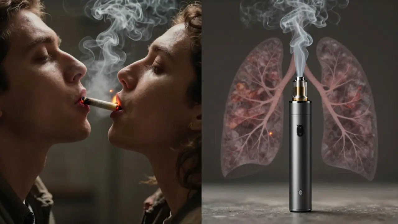 Vergleich von Joint-Rauchen und Vaporizer: dichter Rauch versus klarer Dampf, mit anatomischen Lungenansichten.