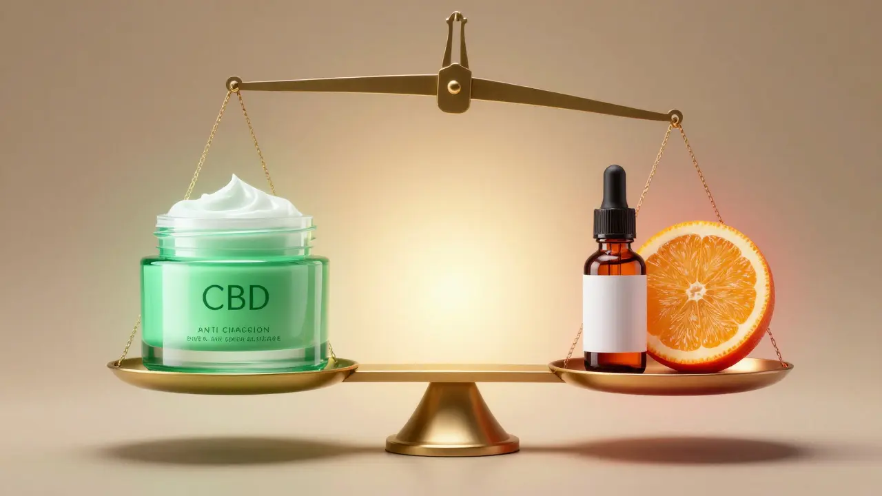 Waage mit CBD-Creme und anderen Anti-Aging-Wirkstoffen, CBD strahlt beruhigendes Goldlicht aus.