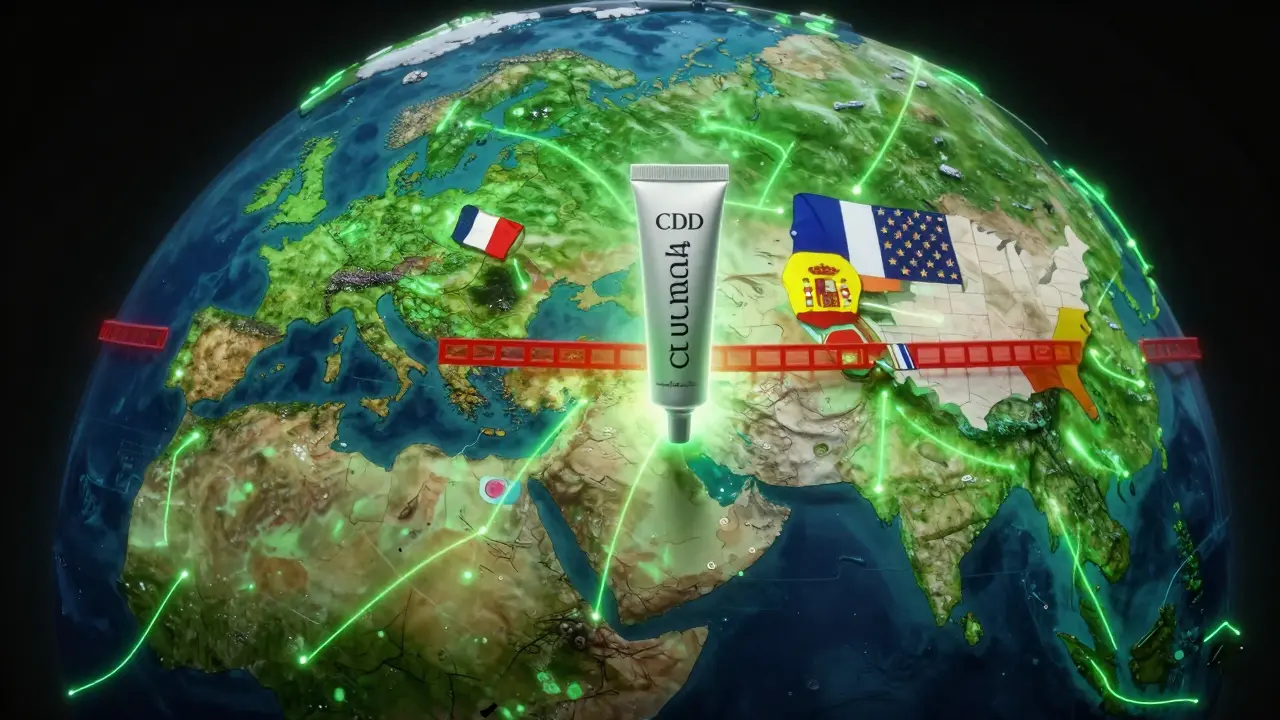 Weltkarte mit legalen und verbotenen Ländern für CBD-Creme, dargestellt durch farbige Zonen.