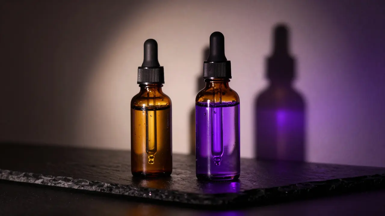 Zwei Glasflaschen mit unterschiedlich leuchtendem Inhalt