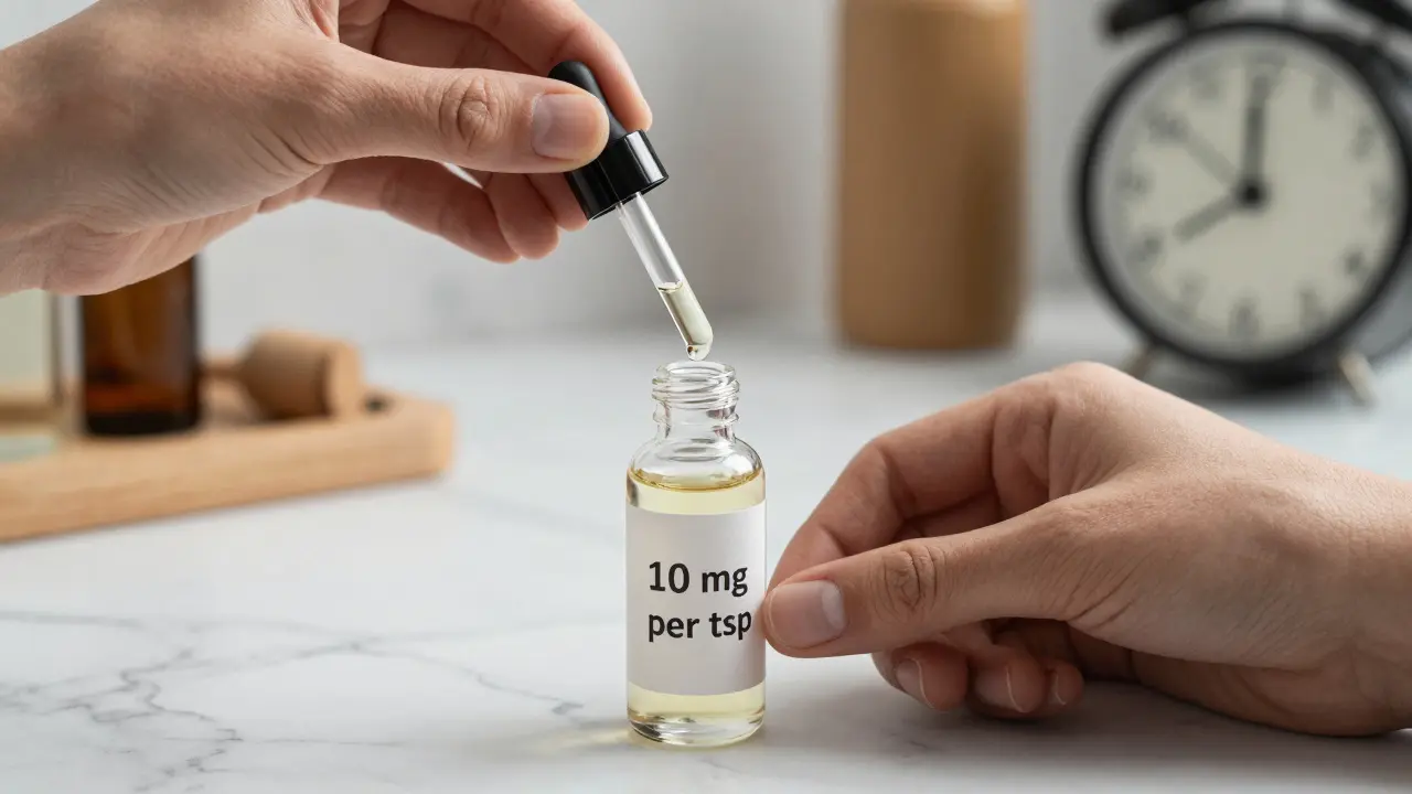 Zwei Hände füllen vorsichtig Cannabisöl in eine beschriftete Flasche mit Dosierangabe — klar, kontrolliert, ruhig.