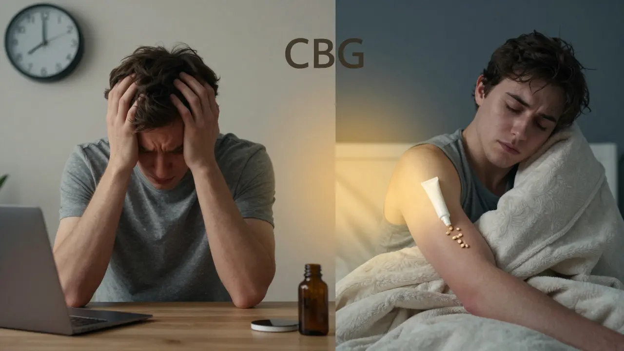 Zwei Szenen: gestresste Person am Tag und dieselbe Person entspannt in der Nacht, verbunden durch CBG-Wirkung.