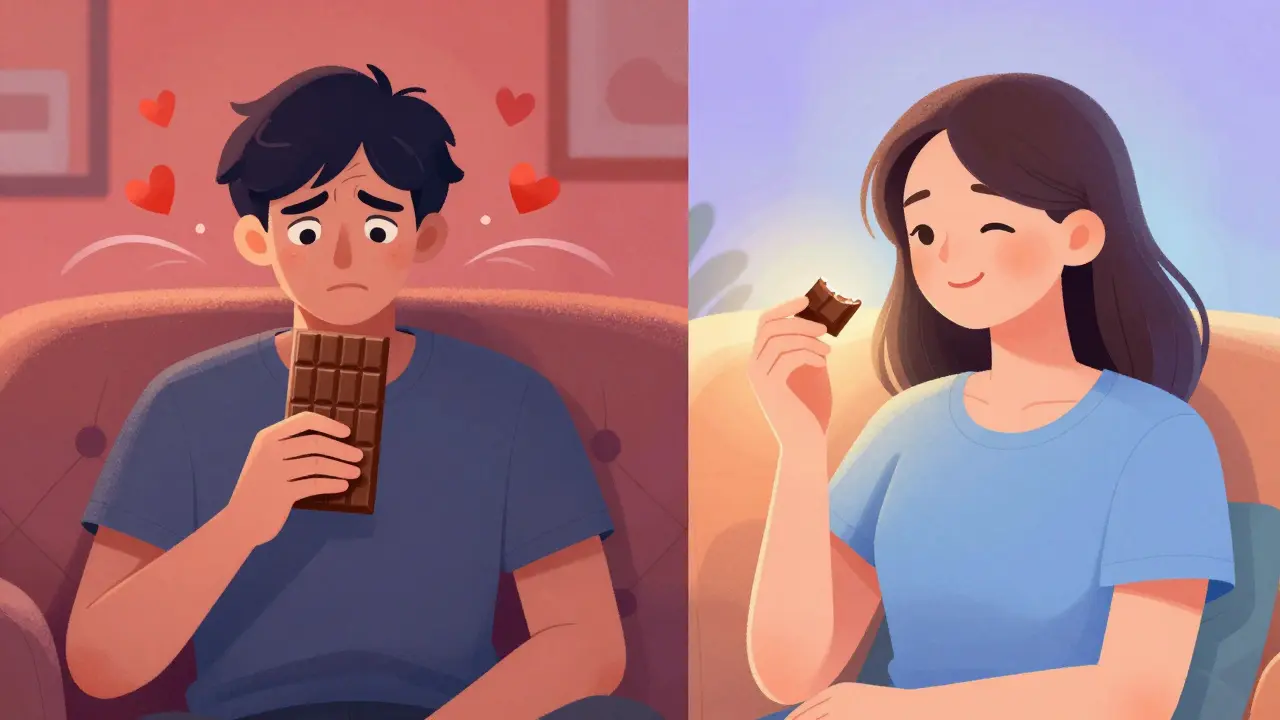 Zwei Szenen: links eine Person in Angst mit voller Schokolade, rechts eine ruhige Person mit einem Viertel — Kontrast zwischen Überdosierung und kontrolliertem Konsum.