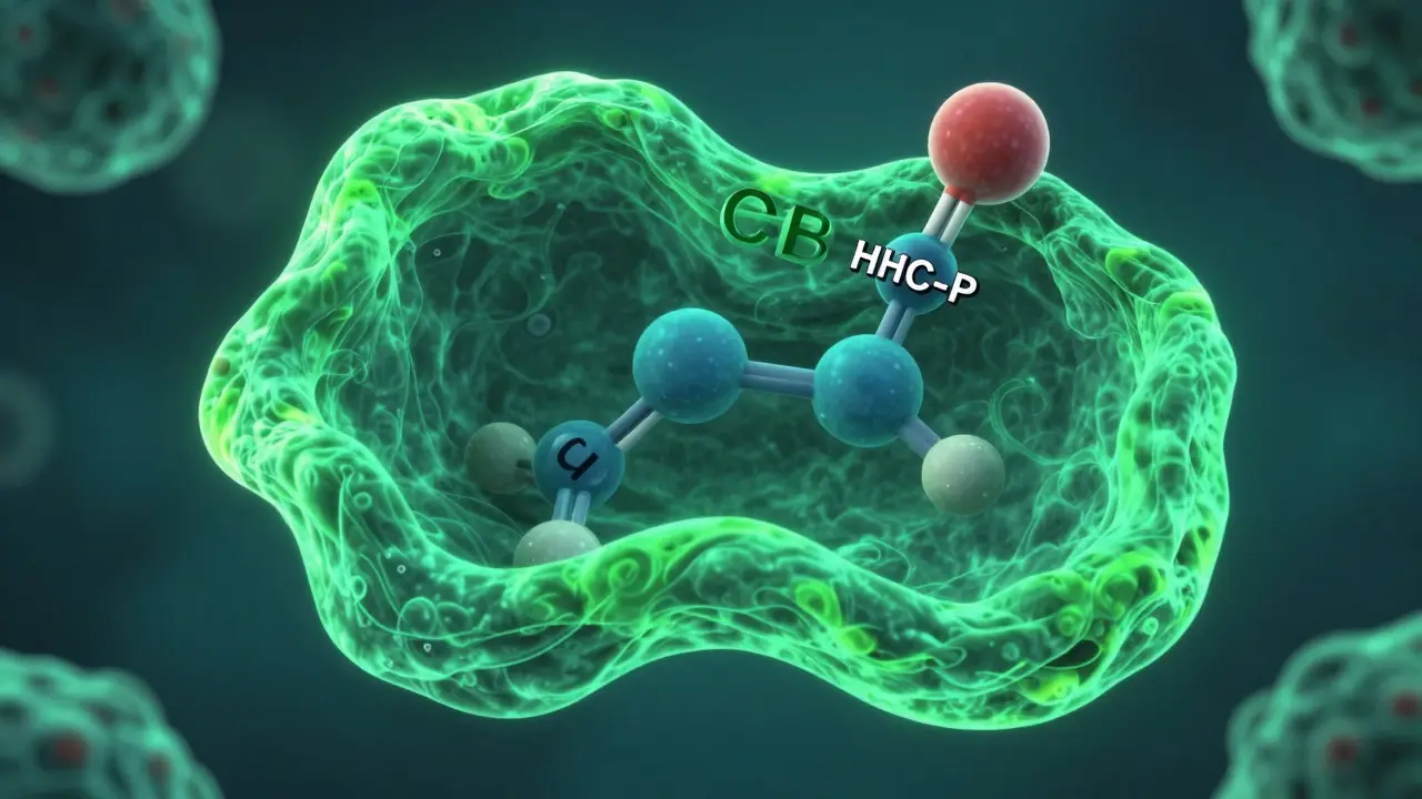 3D-Darstellung eines HHC-P-Moleküls, das fest in einen CB1-Rezeptor im Gehirn einrastet.