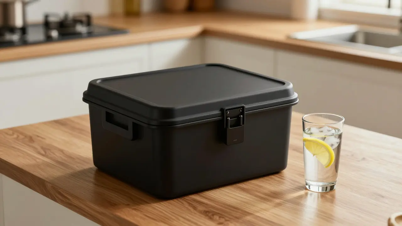 Abschließbare Aufbewahrungsbox für Cannabis-Produkte in einer Küche