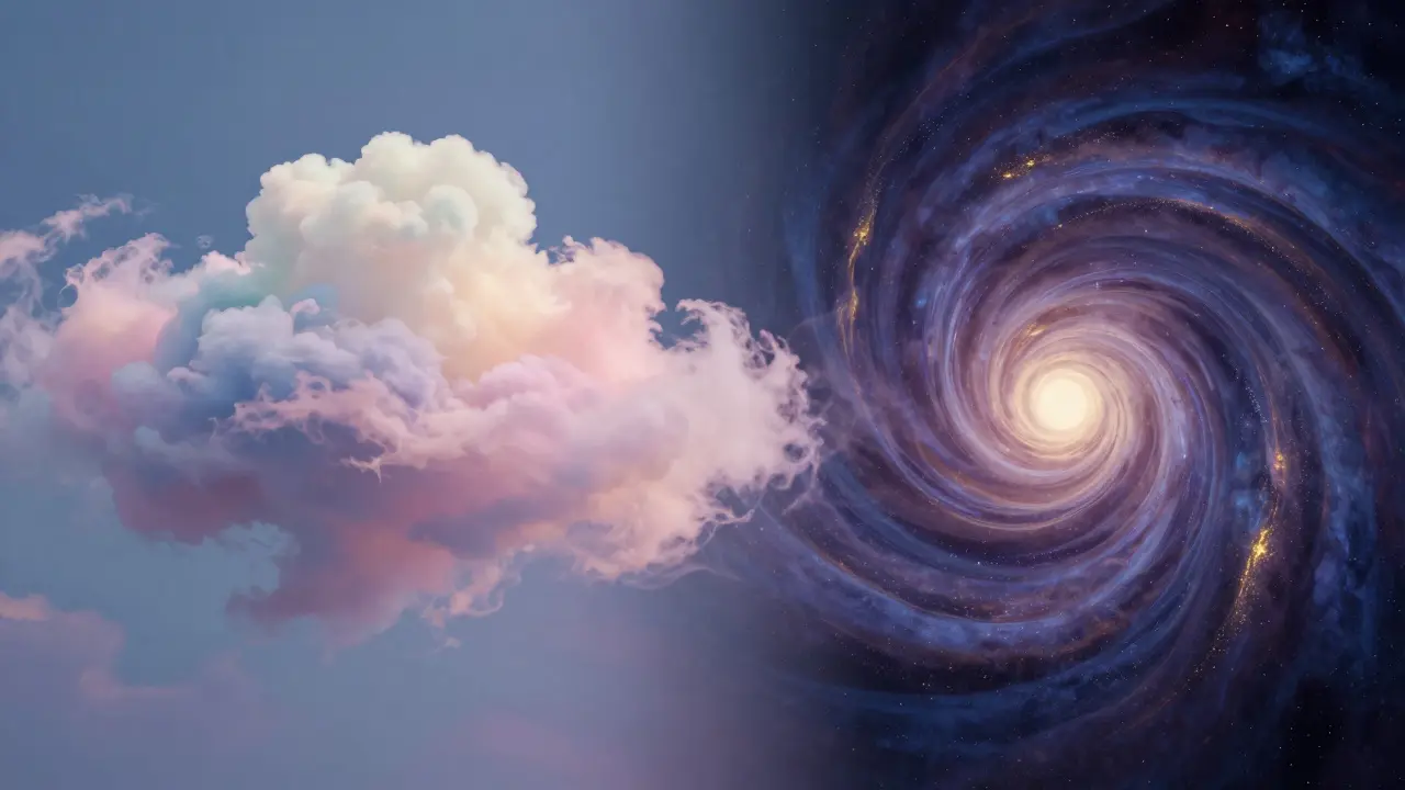 Abstrakte Illustration eines sanften Aufstiegs im Vergleich zu einem tiefen kosmischen Eintauchen