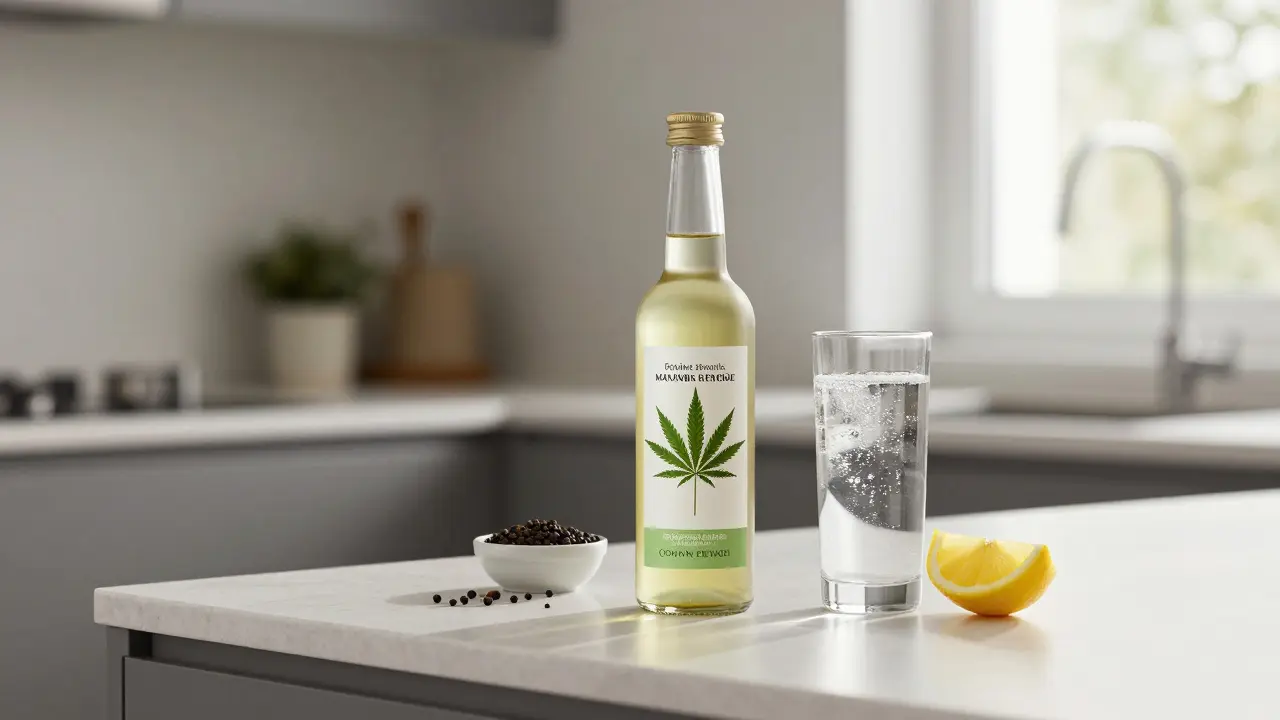Cannabis-Getränk auf einer modernen Küchenzeile mit Zitrone und Pfefferkörnern.