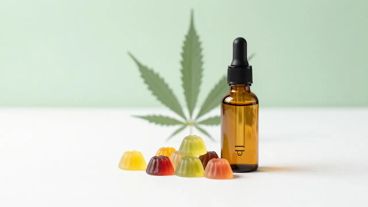 CBD-Gummibärchen und ein Fläschchen CBD-Öl auf hellem Hintergrund