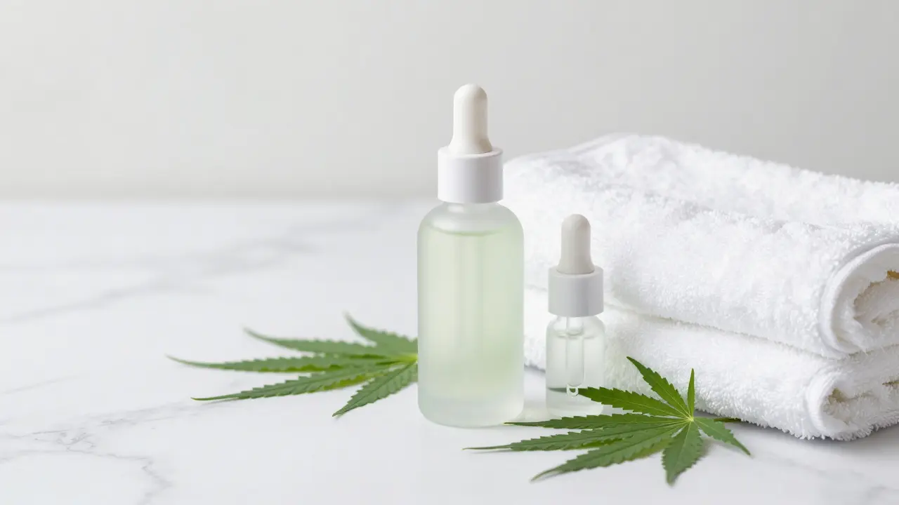 CBG-Gesichtsserum auf einer Marmorfläche mit Hanfblättern in Wellness-Atmosphäre
