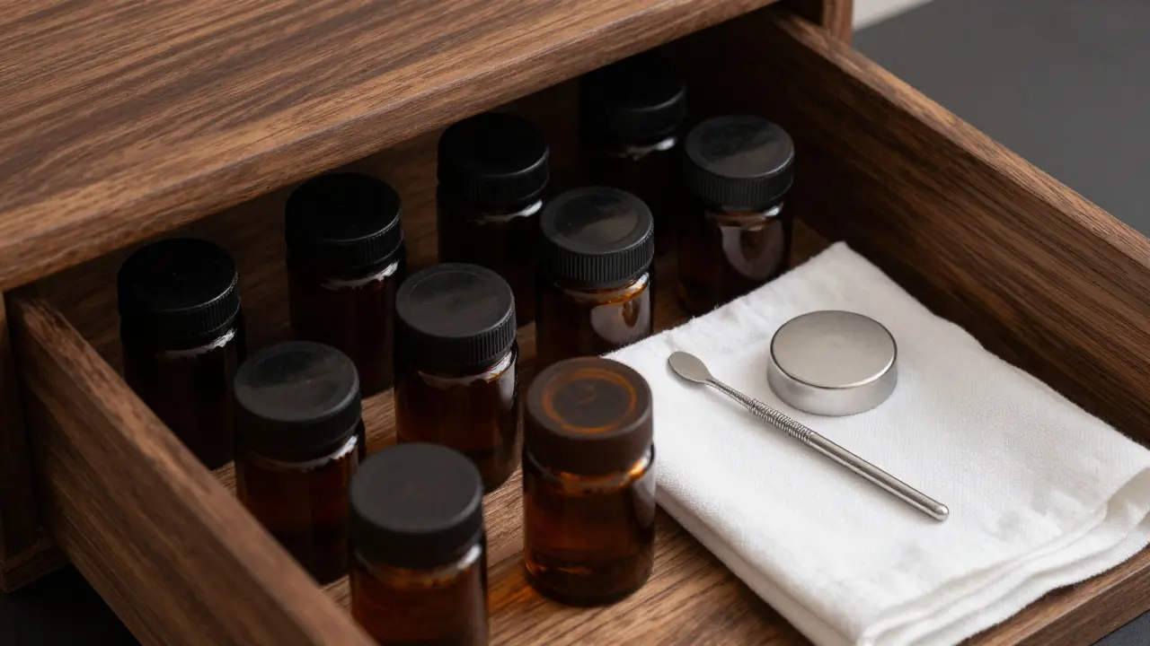 Dunkle Apothekergläser zur optimalen Lagerung von CBD-Extrakten in einer Schublade.