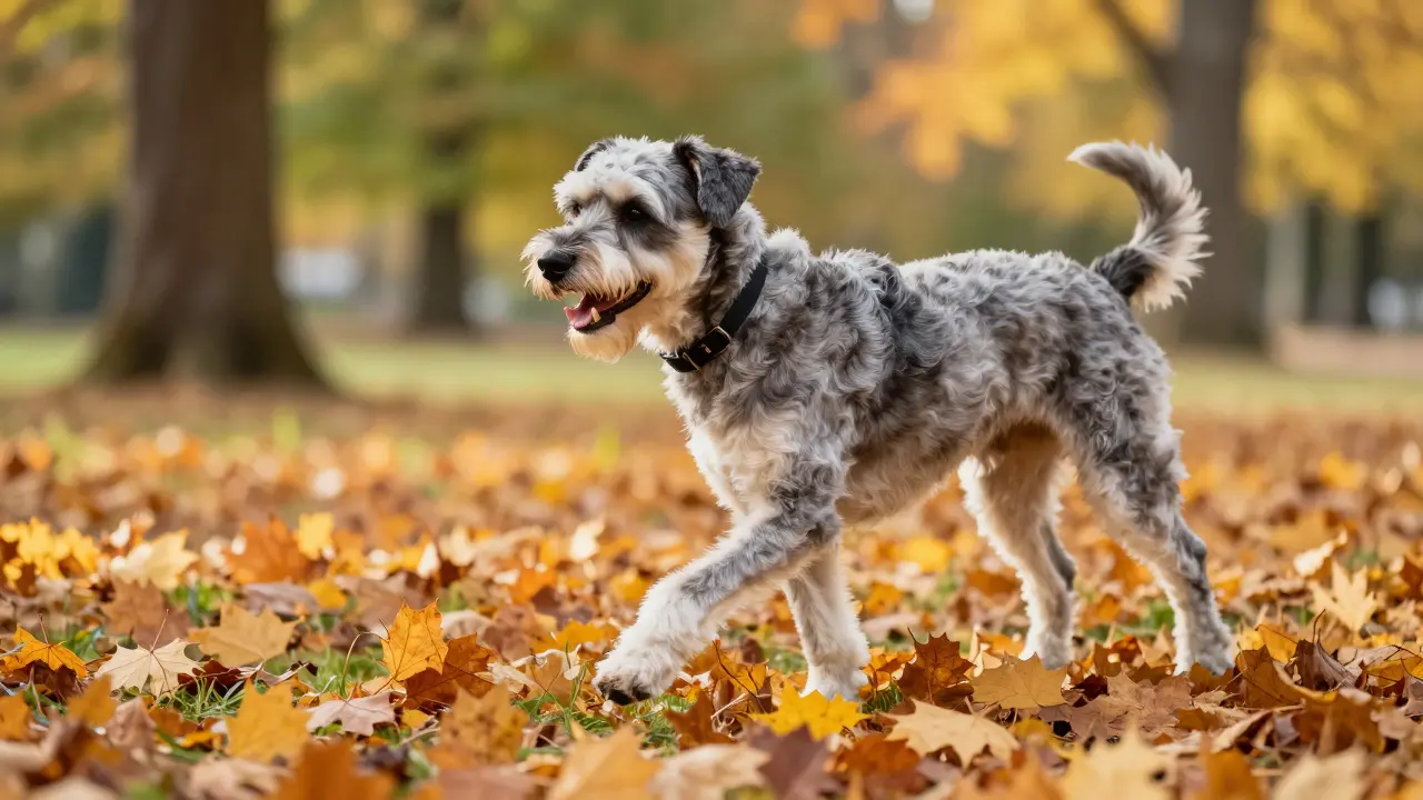 Ein älterer, glücklicher Hund läuft aktiv durch einen herbstlichen Park.