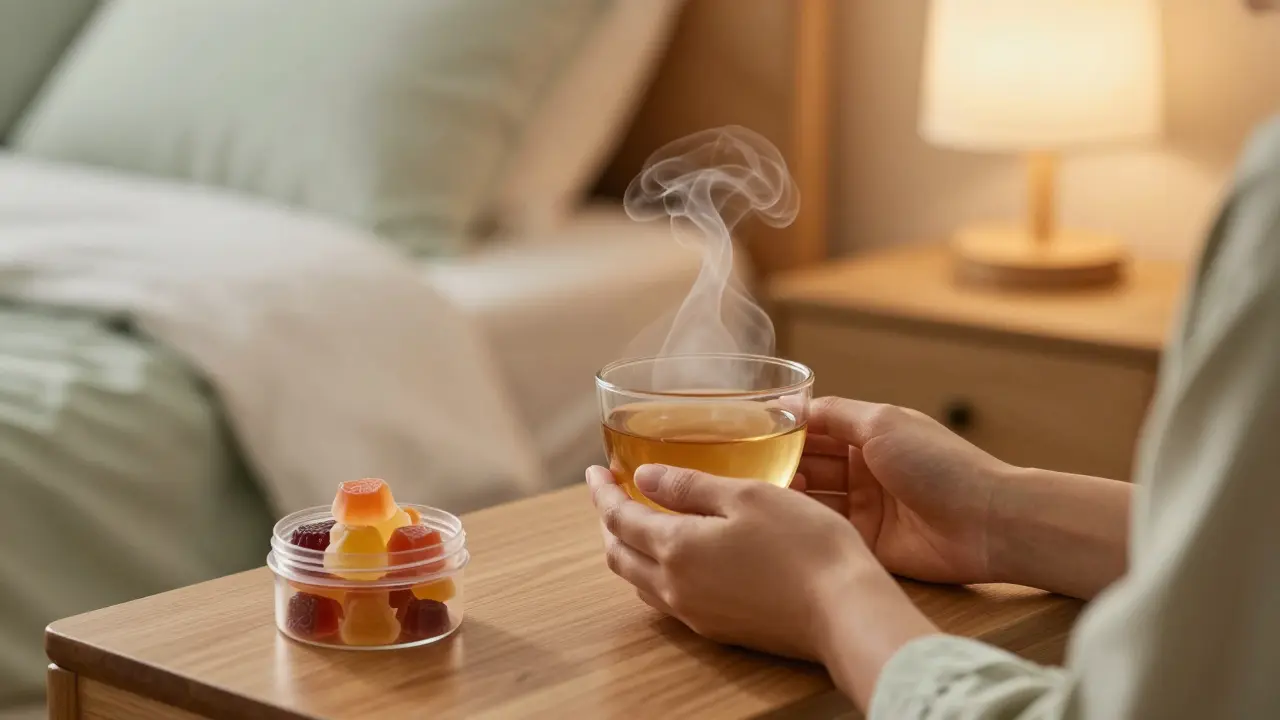 Ein entspannendes Abendritual mit einer Tasse Tee und CBD Gummies auf einem Nachttisch.
