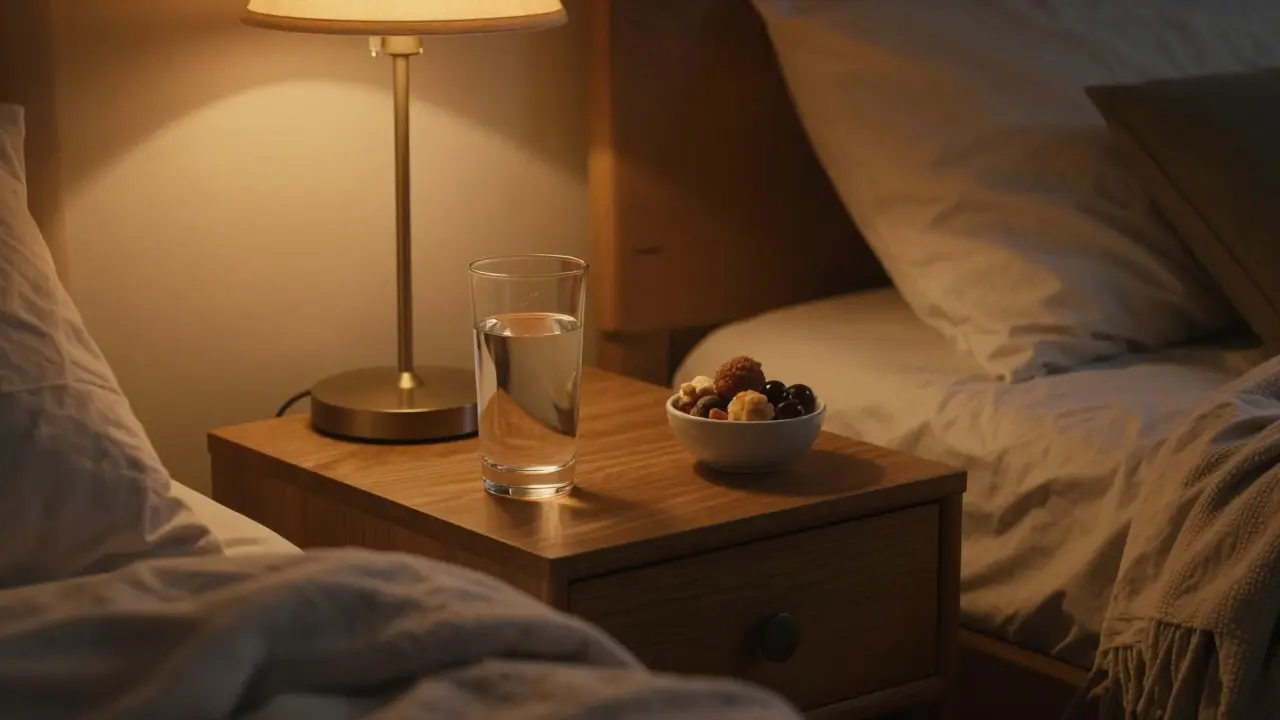 Ein gemütliches, dimly lit Schlafzimmer mit einem Glas Wasser und Süßigkeiten.