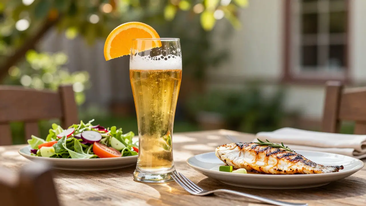 Ein Glas belgisches Weißbier mit Orangenscheibe neben gegrilltem Fisch und Salat im Garten.
