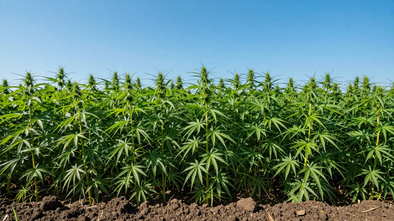 Ein weites, grünes Nutzhanffeld unter blauem Himmel zur Symbolisierung von Nachhaltigkeit