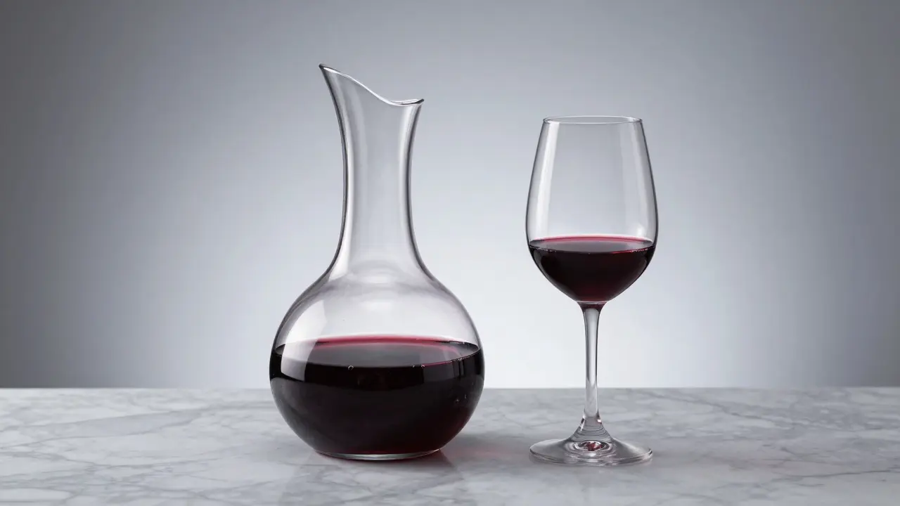 Eine Dekantierkaraffe und ein halb gefülltes Glas Wein auf einer Marmorfläche.