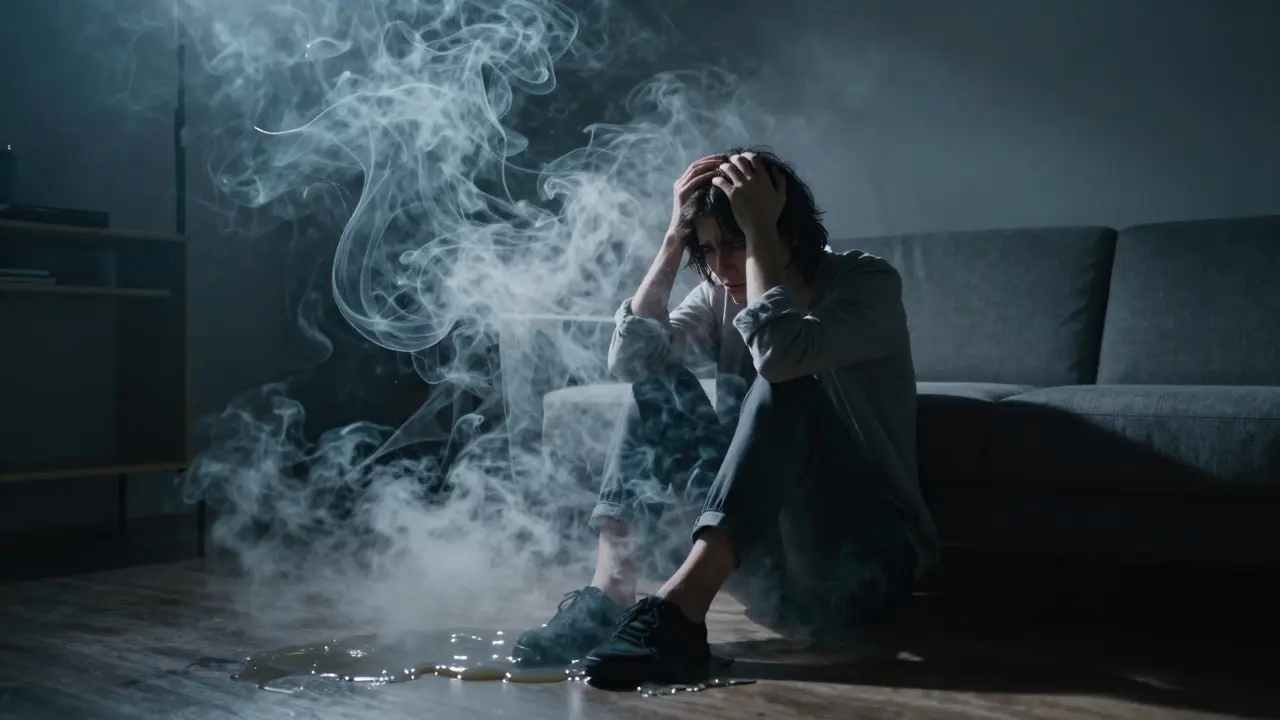Eine gestresste Person in einem dunklen Raum, umgeben von zähem, schweren Rauch.