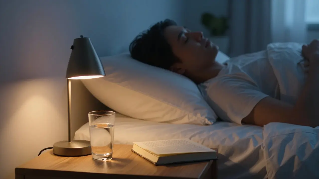 Entspannte Person in einem gemütlichen Schlafzimmer bei gedimmtem Licht.