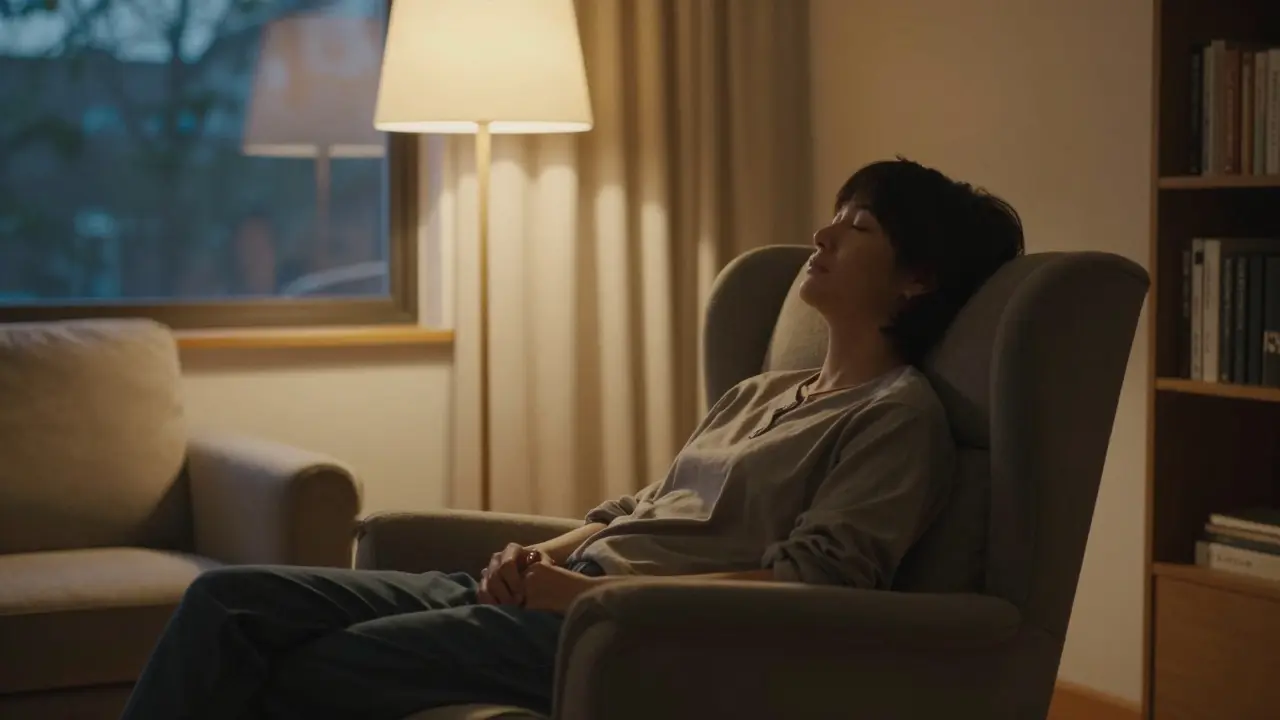 Entspannte Person in einem Sessel in einem gemütlich beleuchteten Wohnzimmer bei Dämmerung.