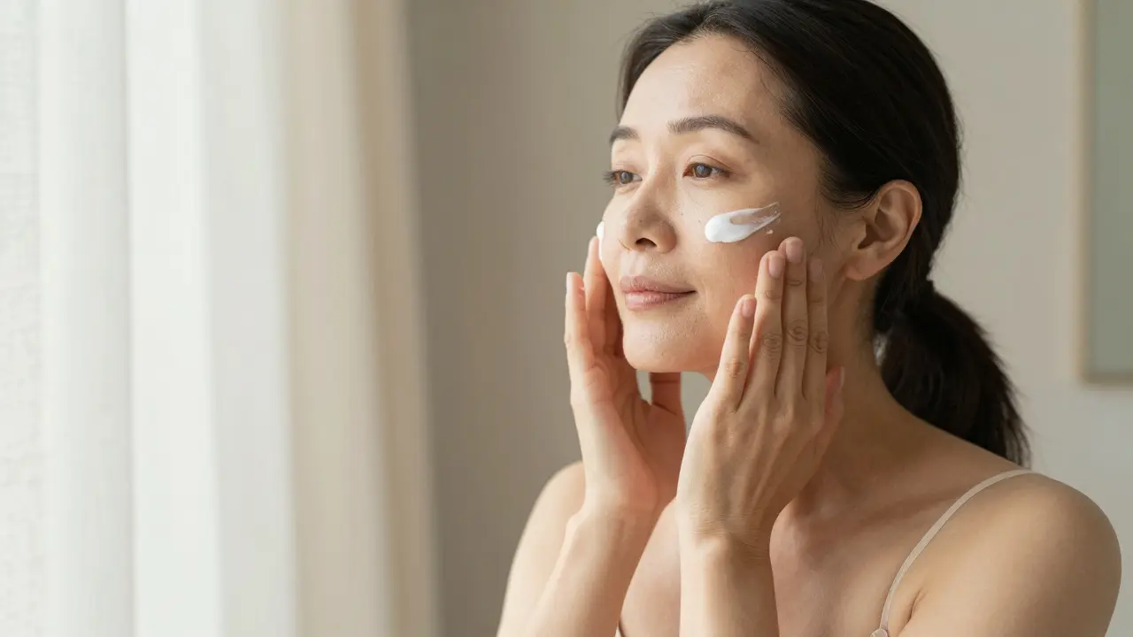 Frau beim Eincremen ihres Gesichts in einem hellen, sonnendurchfluteten Badezimmer.