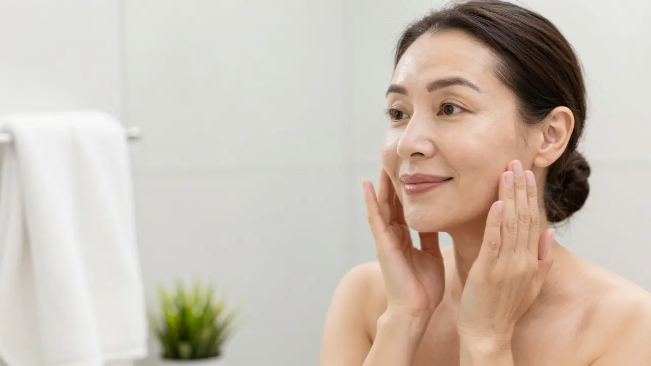 Frau mit strahlender, glatter Haut betrachtet sich lächelnd im Badezimmerspiegel.