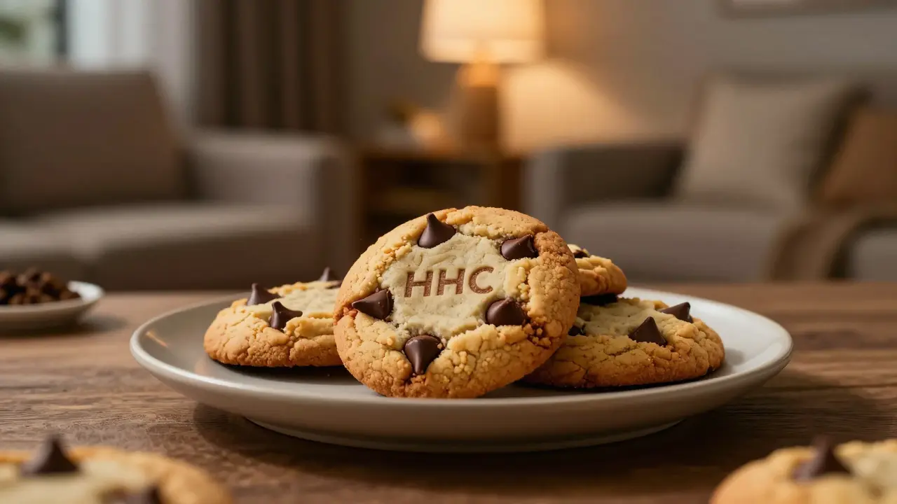 Gourmet-HHC-Cookies auf einem Teller in einer gemütlichen Wohnzimmerumgebung.