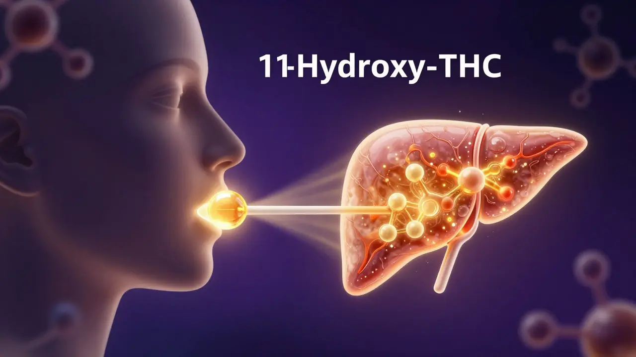 Illustration der Aufnahme von THC über Mundschleimhaut und Leber