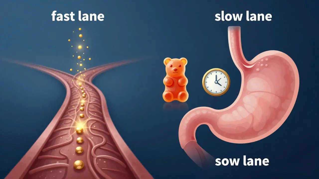 Konzeptgrafik zum Unterschied zwischen schneller und langsamer Wirkstoffaufnahme.