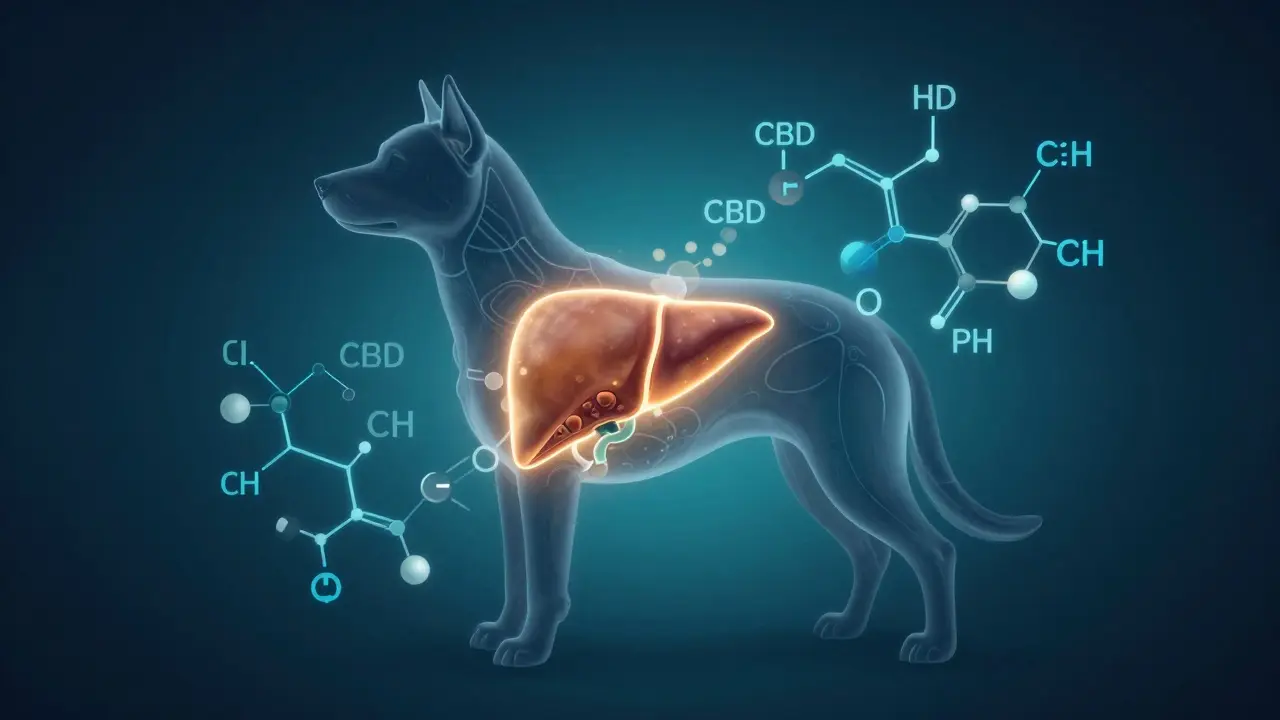 Konzepthafte Darstellung der CBD-Verarbeitung in der Hundeleber.