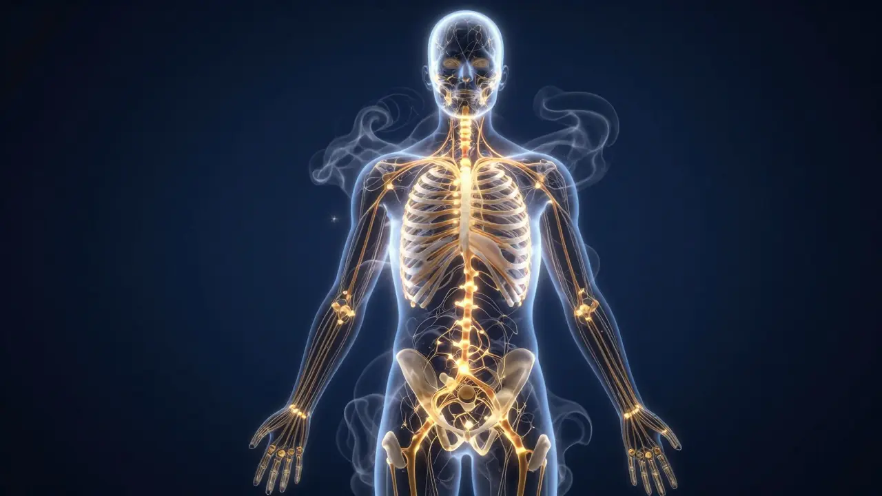 Konzeptuelle Darstellung des Endocannabinoid-Systems mit goldenen Lichtnetzwerken