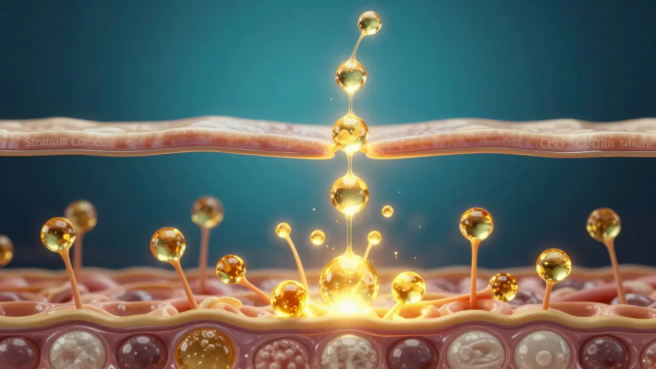 Konzeptuelle Darstellung von CBD-Molekülen, die tief in die Hautschichten einsickern.