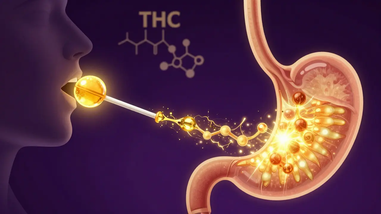 Konzeptuelle Illustration der THC-Aufnahme über Mundschleimhaut und Leber.