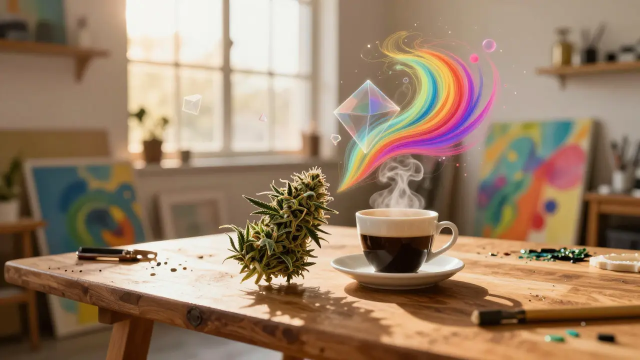 Kreatives Atelier mit einem Cannabis-Bud und Espresso als Symbole für Fokus und Energie.