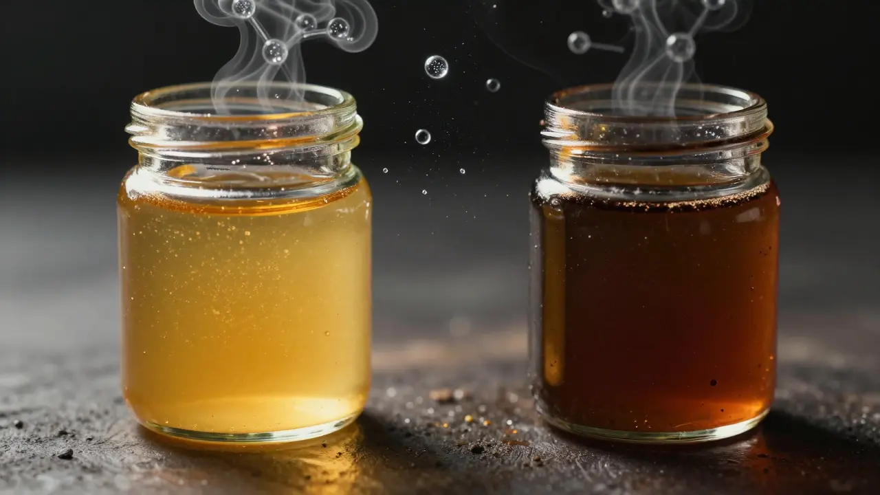 Künstlerische Darstellung der Oxidation von CBD-Konzentrat von Gold zu Braun.