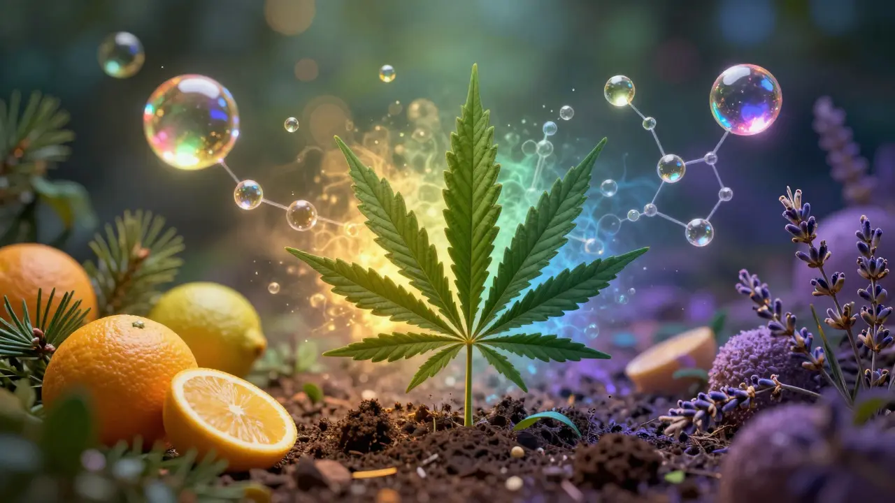 Künstlerische Darstellung eines Cannabisblatts mit Terpenen und aromatischen Elementen.