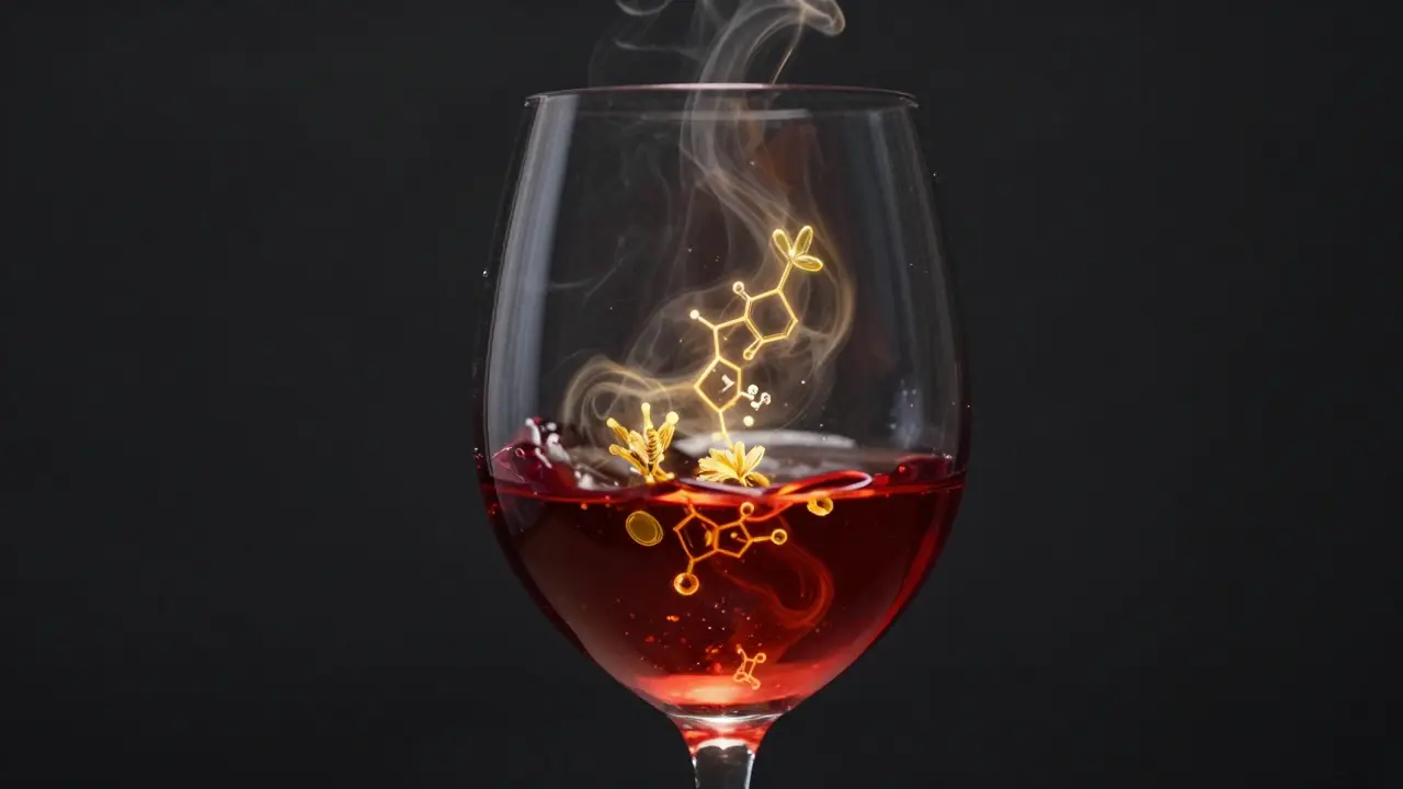 Künstlerische Darstellung von aufsteigenden Aromen und Terpenen in einem Weinglas.