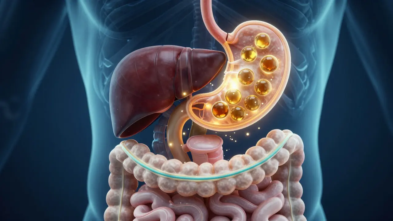 Medizinische Illustration des Weges von CBD vom Magen über die Leber in den Blutkreislauf.
