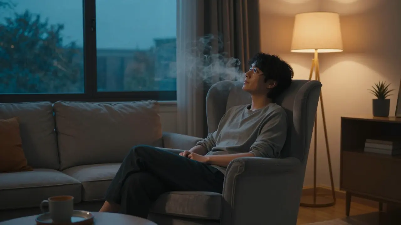 Person in einem gemütlichen Sessel bei Dämmerung in einem Moment der Entspannung