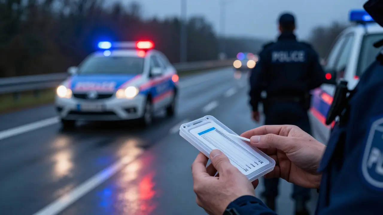 Polizeikontrolle auf einer Autobahn bei Dämmerung mit Blaulicht