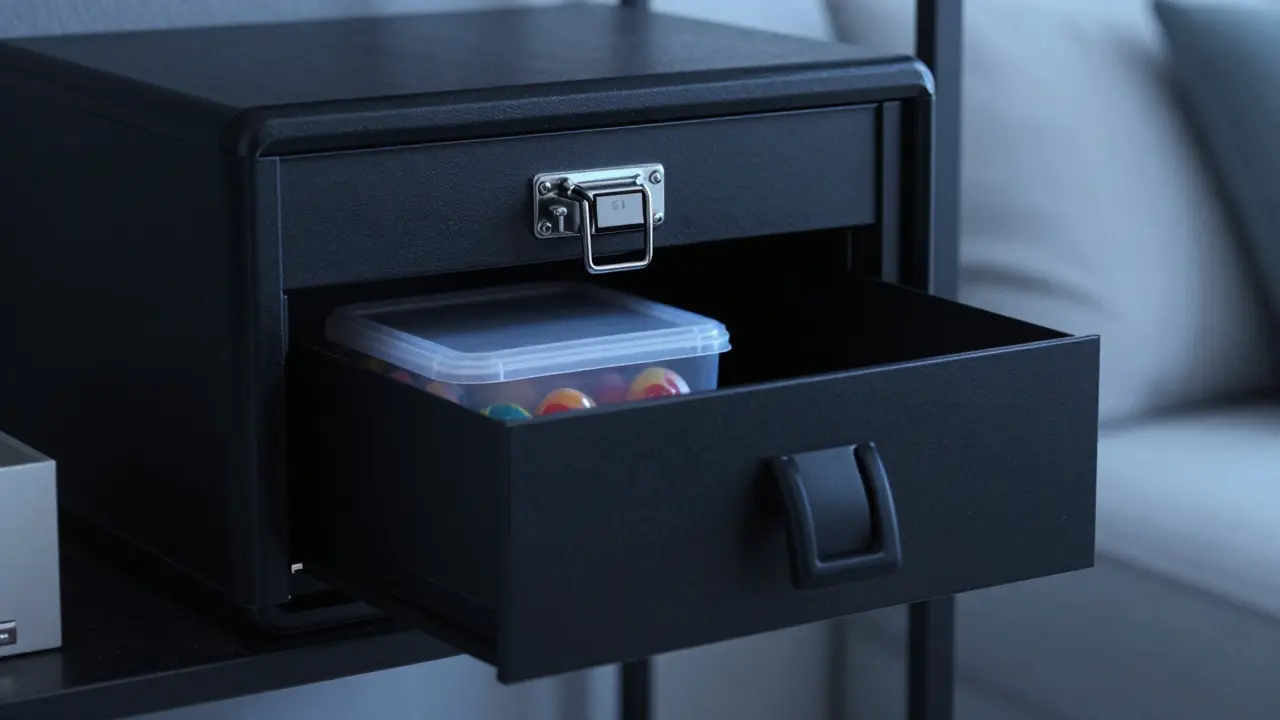 Sicher aufbewahrte Cannabis-Süßigkeiten in einem blickdichten Behälter im Schrank.