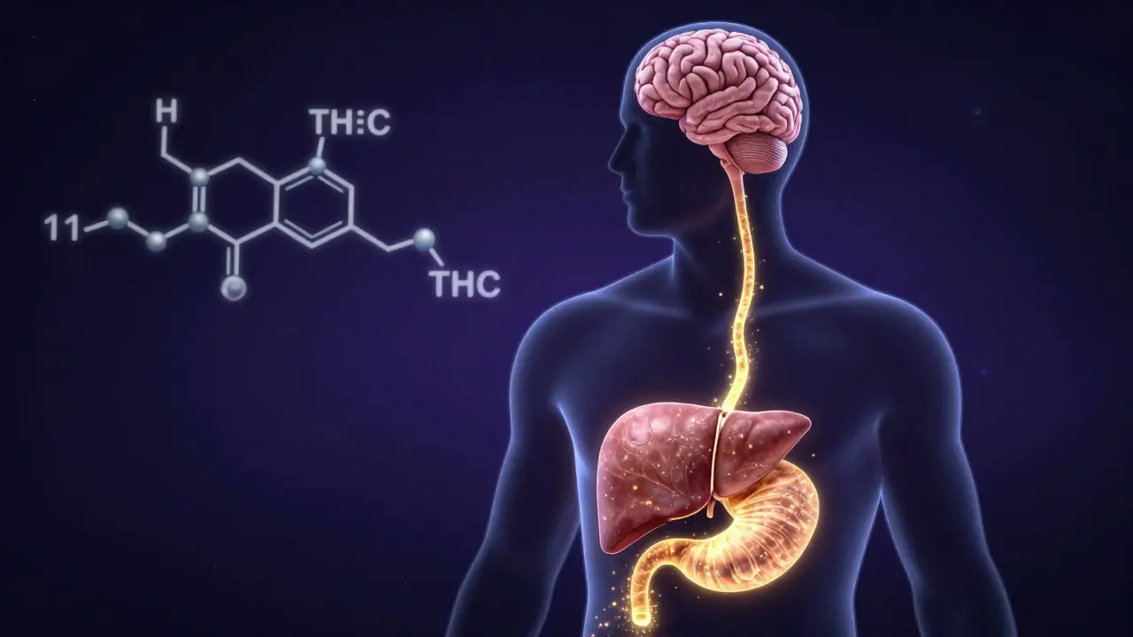 Surreale Illustration des THC-Stoffwechsels von der Leber zum Gehirn.