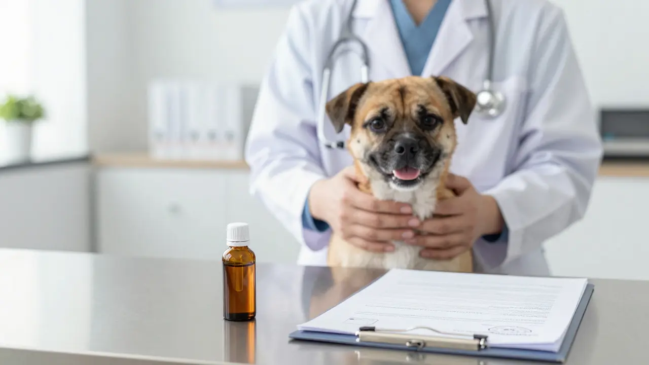 Tierarztuntersuchung eines Hundes mit einem CBD-Öl und Laborbericht.