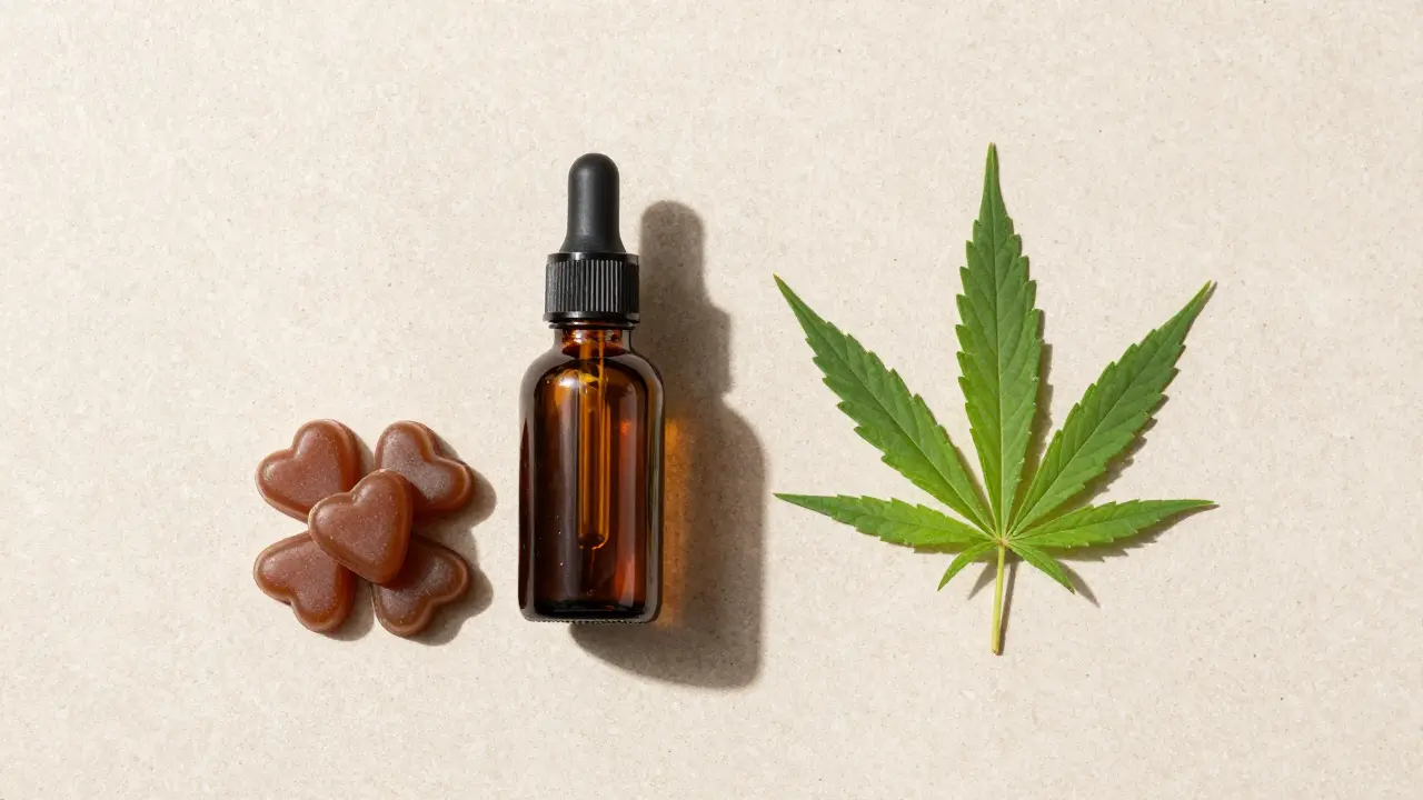 Vergleich von CBD-Öl in einer Tropfflasche und CBD-Gummies für Hunde.