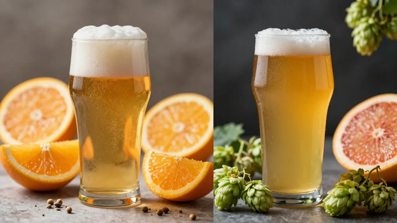 Vergleich zwischen einem milden belgischen Witbier und einem bitteren, hopfigen IPA.